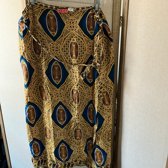 Dresses & Skirts - FINAL MARKDOWN Fire Studio Blue and Gold Patterned boho look wrap style skirt 1X